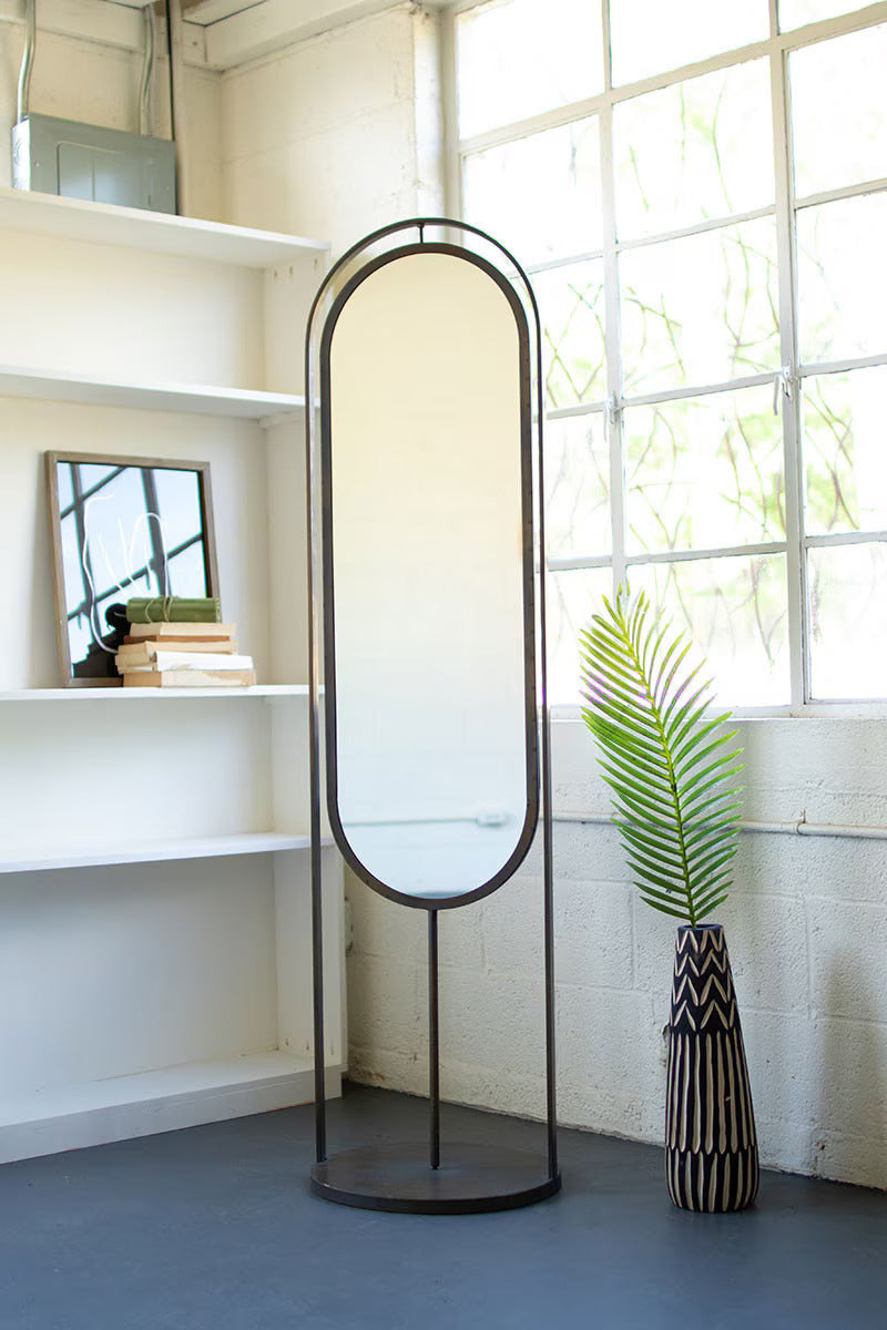 Kalalou Tall Oval Floor Mirror with Rack and Basket on Back