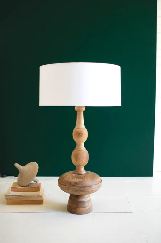 Kalalou Carved Wooden Table Lamp with Off-White Barrel Shade